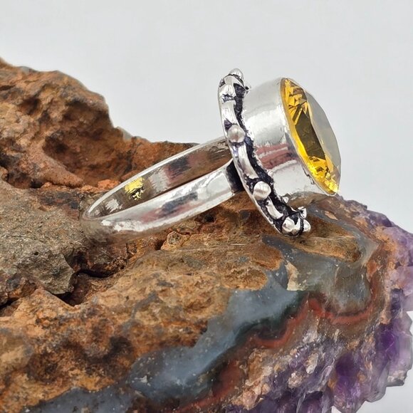 925 Sterling Silver Plt Round Citrine Ring Size 7.5 Bezel Setting Fine Jewelry - Picture 3 of 6